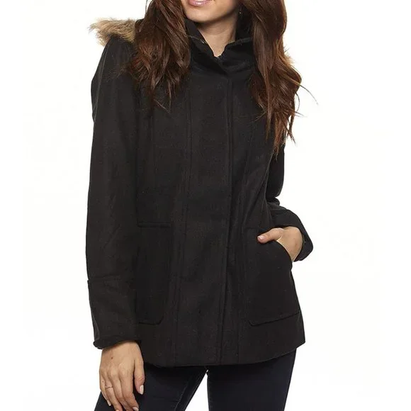 Charcoal Faux Fur Hooded Wool Blend Coat Jacket - Picture 9 of 9